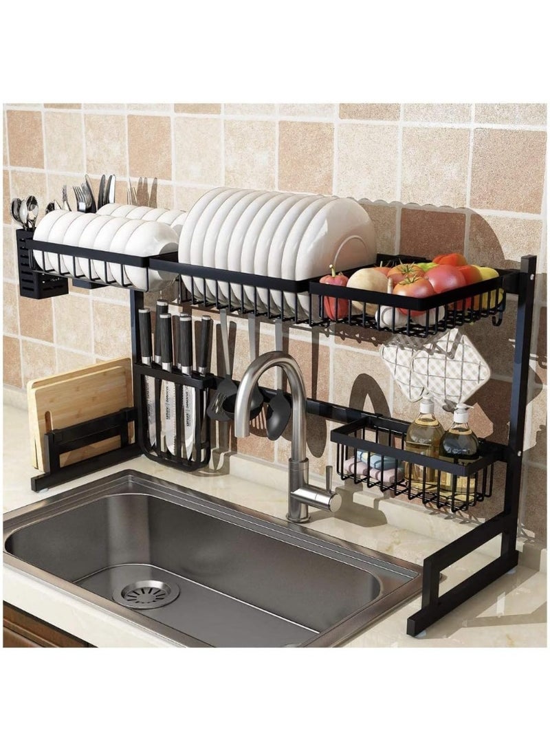 طيبة منظم وصفايه حوض 65 سم تجفيف للاطباق يوضع فوق الحوض 1 صفايه من الستانلس ستيل مع حامل لعيدان الاكل ولوح التصفية لادوات المطبخ موفرة للمساحة خطافات تعليق - اسود - Image 4